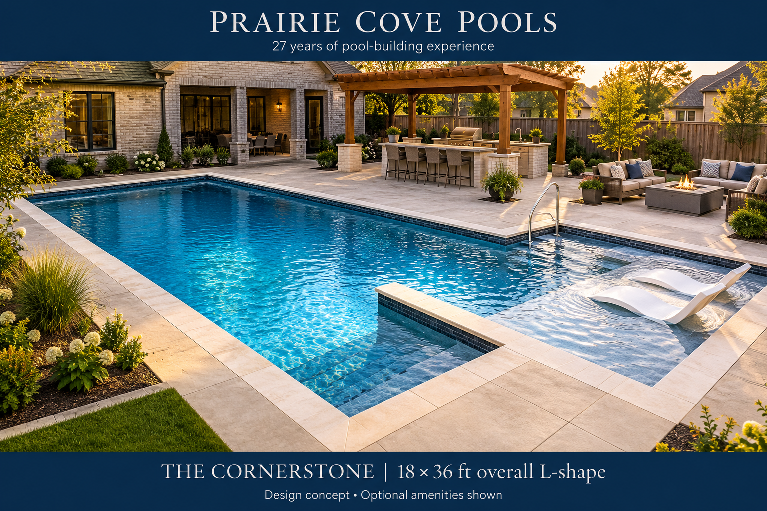 The Cornerstone: Gunite pool design concept, 18 × 36 ft overall L-shape