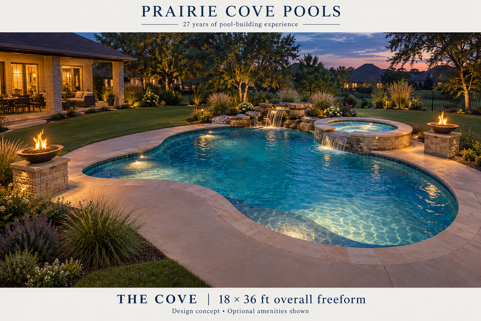 The Cove: Gunite pool design concept, 18 × 36 ft overall freeform